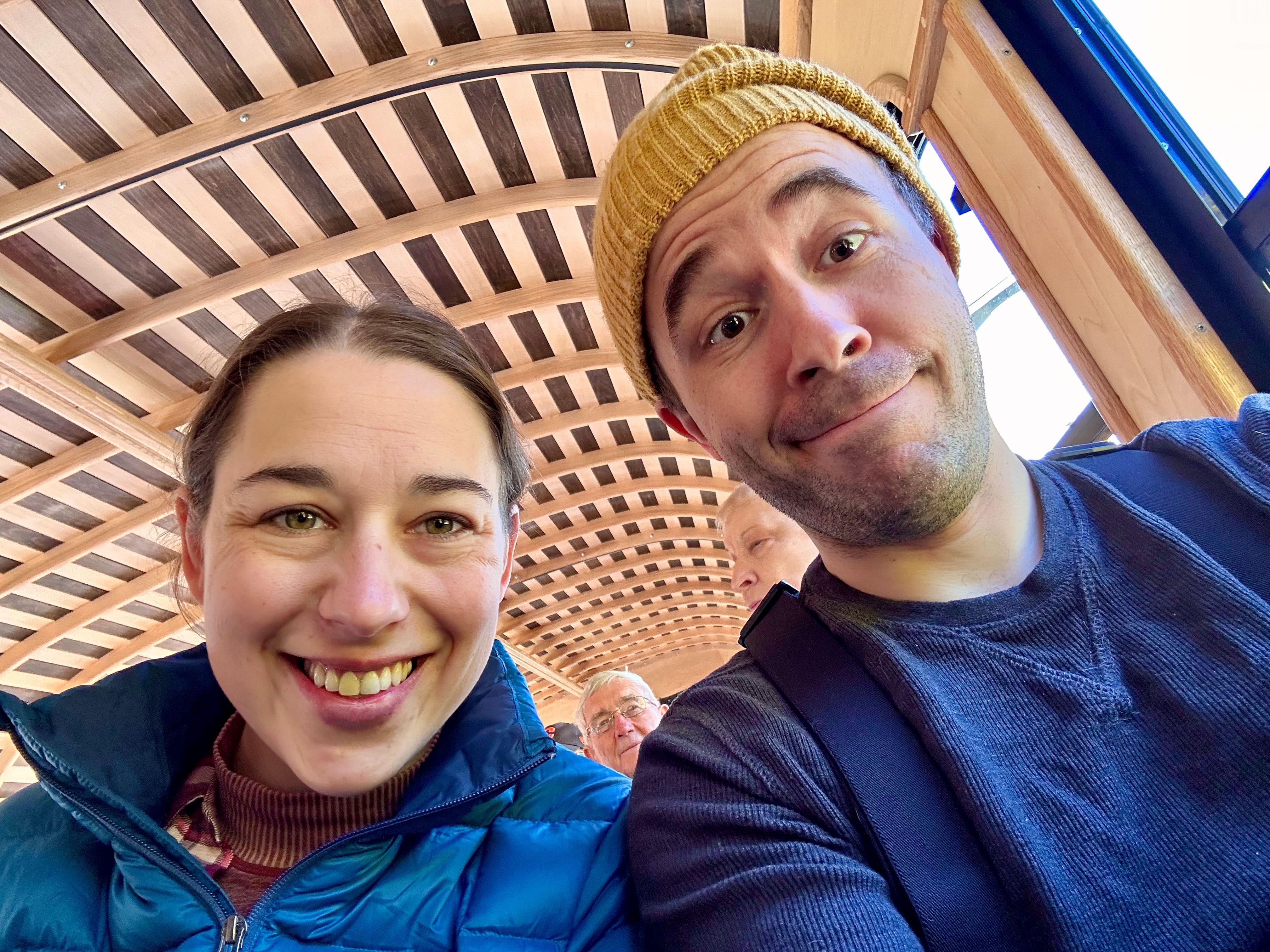 On the train, with a bright and classy interior.