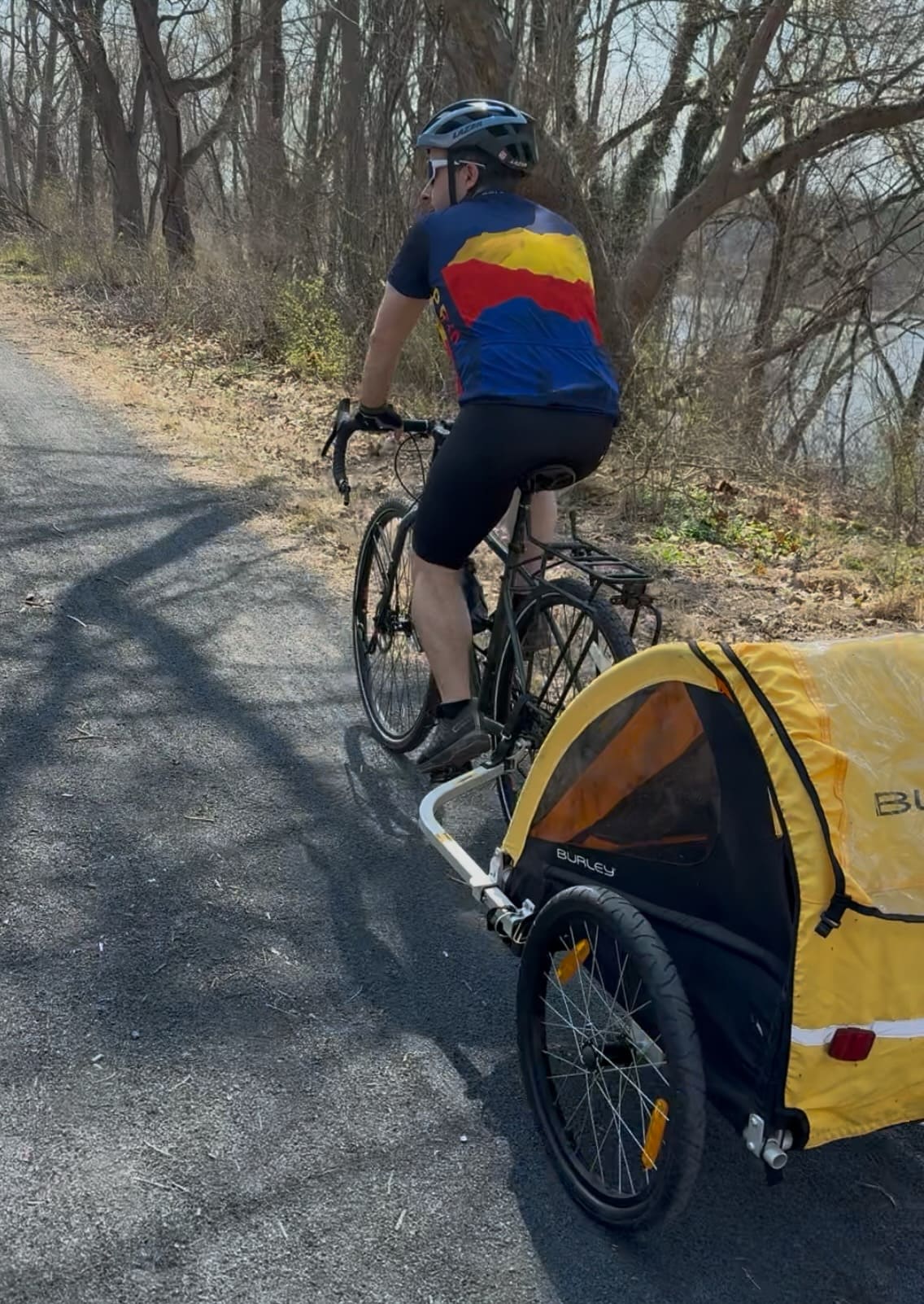 Taking Ev in the bike trailer to a nearby park.  She loved the ride.