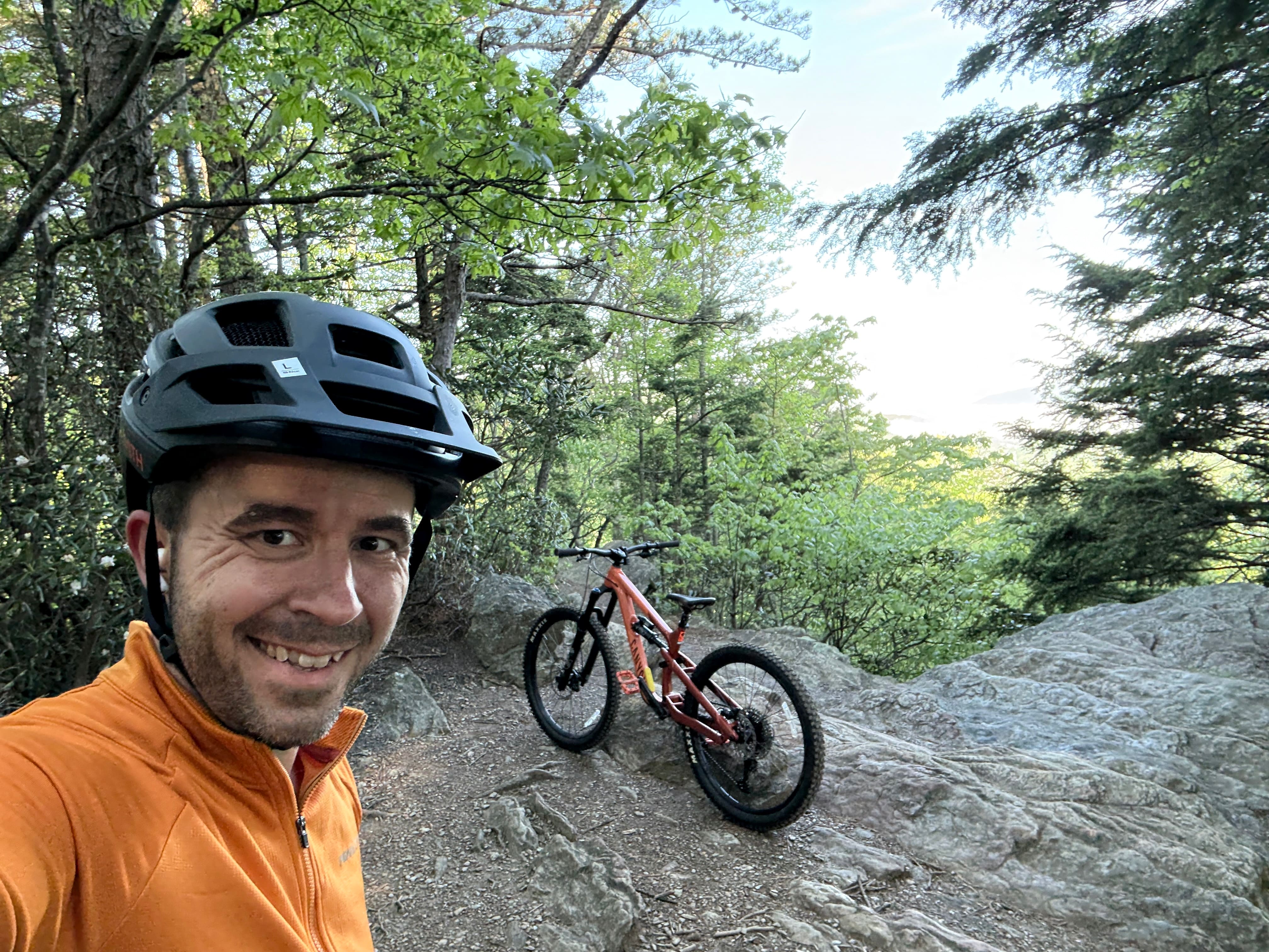 One trip in early May to Asheville, I rode Kitsuma trail in Black Mountain.  This view is from the top, before going downhill.  My brakes were smoking by the time I got to the bottom.